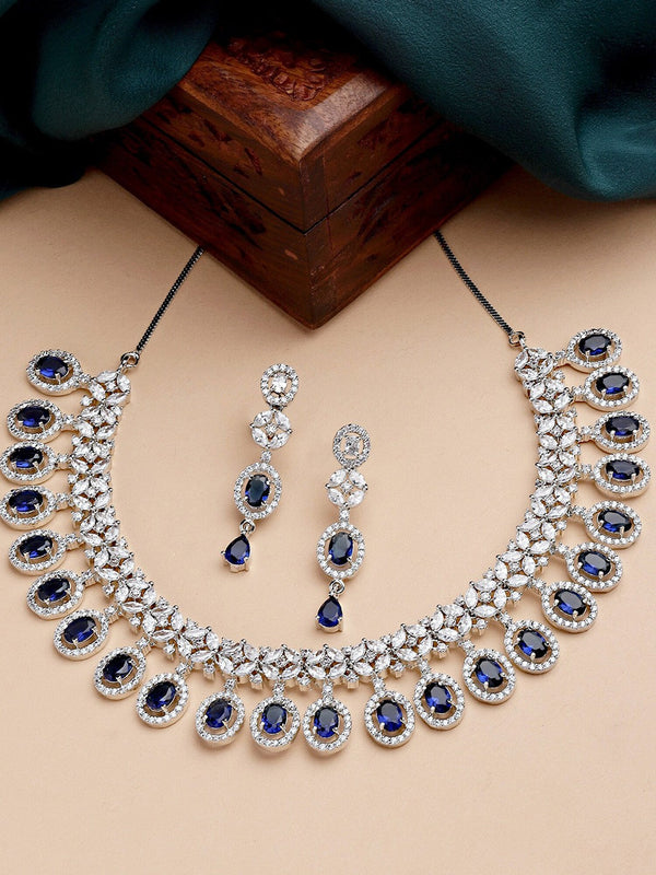 Silver-Plated Blue American Diamond Studded Jewellery Set