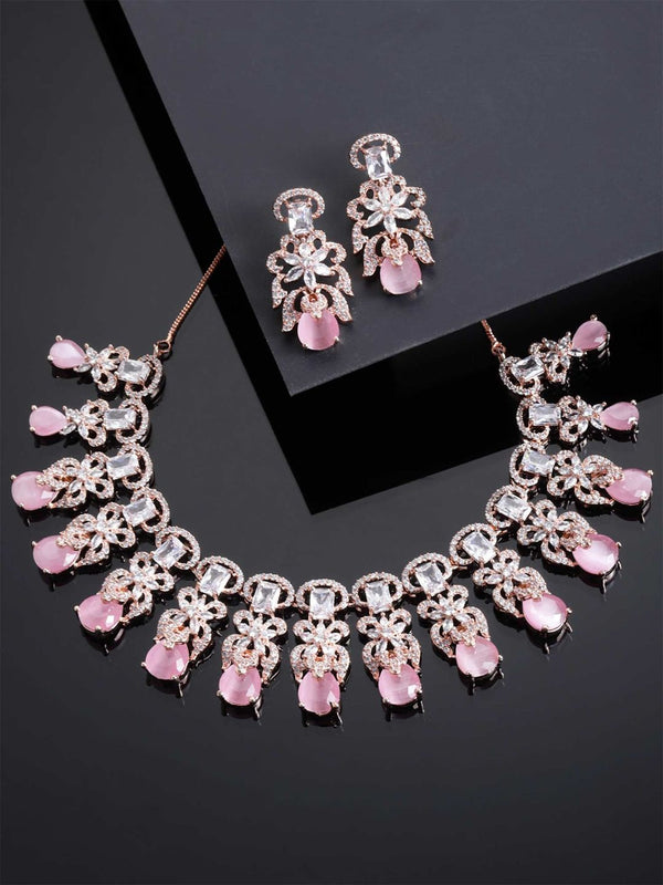 Pink American Diamond Studed Choker Necklace Set (Set of 2)