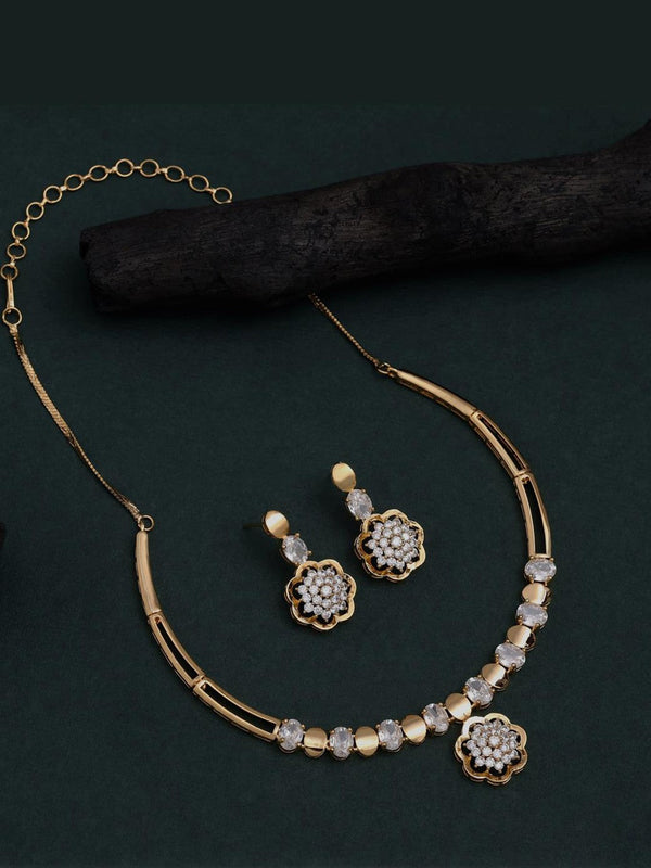 Gold-Plated American Diamond Studded Necklace with Earrings