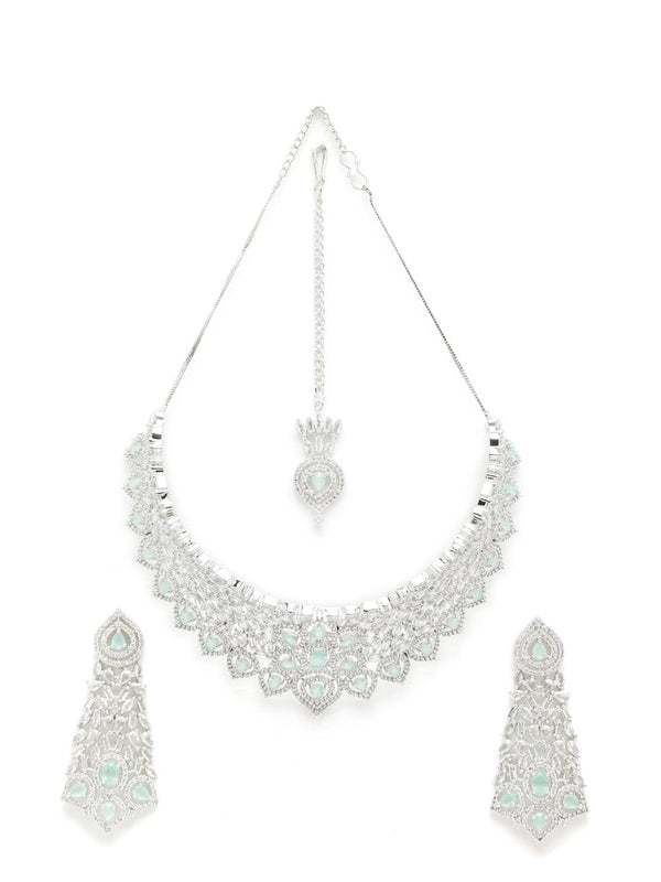 Silver-Plated & Lime Green CZ-Studded Jewellery Set