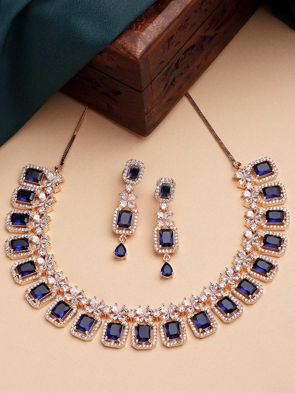 Rose Gold Plated Blue AD Necklace Set for Women (Set of 2)