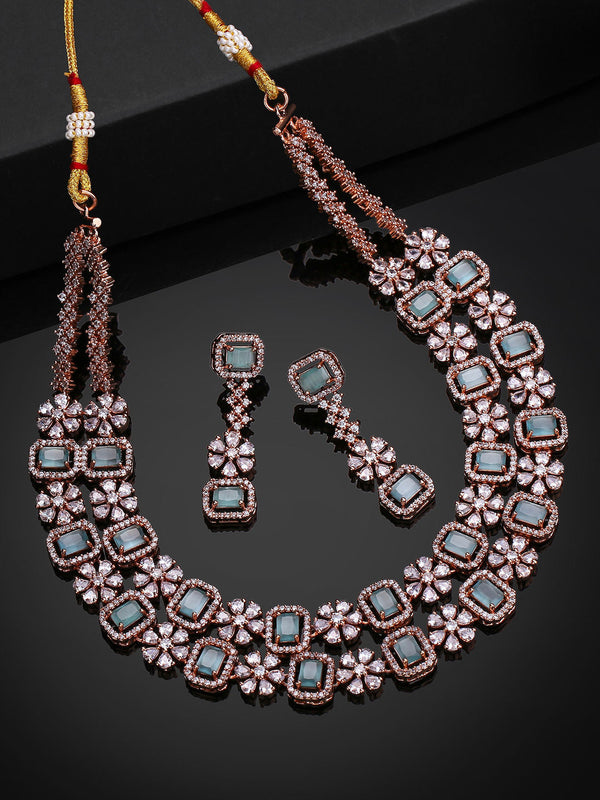 Rose Gold Plated Cz Two Layered Necklace Set with Mint Green Stones for Women (Set of 2)