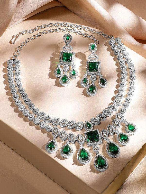 Rhodium-Plated Emerald Green & AAA Cubic Zirconia Jewellery Set in Silver Tone