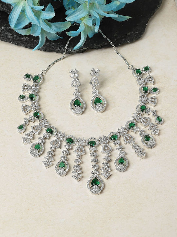 Silver Plated Green Crytal Ad Studded Party Bling Necklace Jewellery