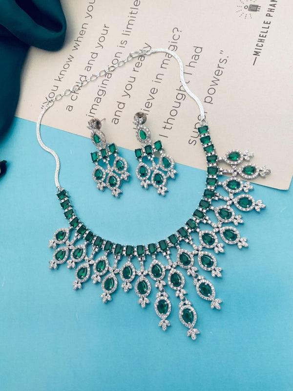 Green Sophisticated American Diamond Silver Plated Jewellery Set
