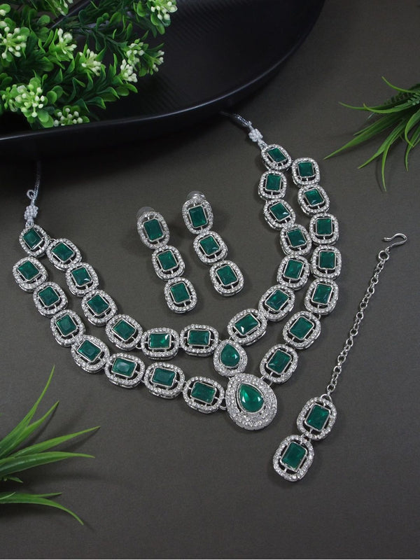 Silver Plated Traditional Stone Choker Necklace with Earring and Maang Tikka Set