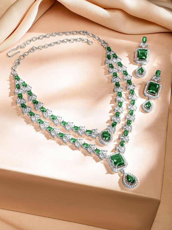 Rhodium-Plated Emerald Green & White Cubic Zirconia Studded Luxe Layer Necklace Set