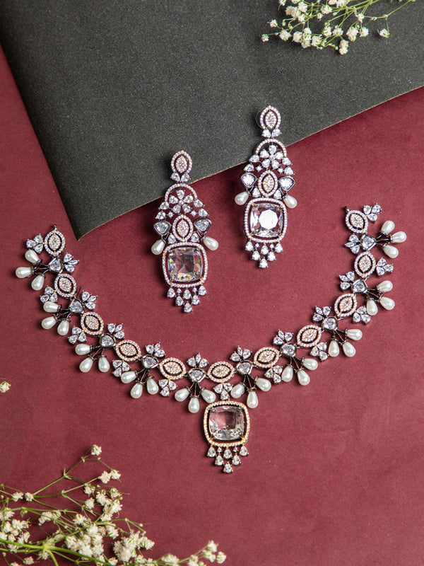 Rose Gold Plated White Stones Jewellery Set