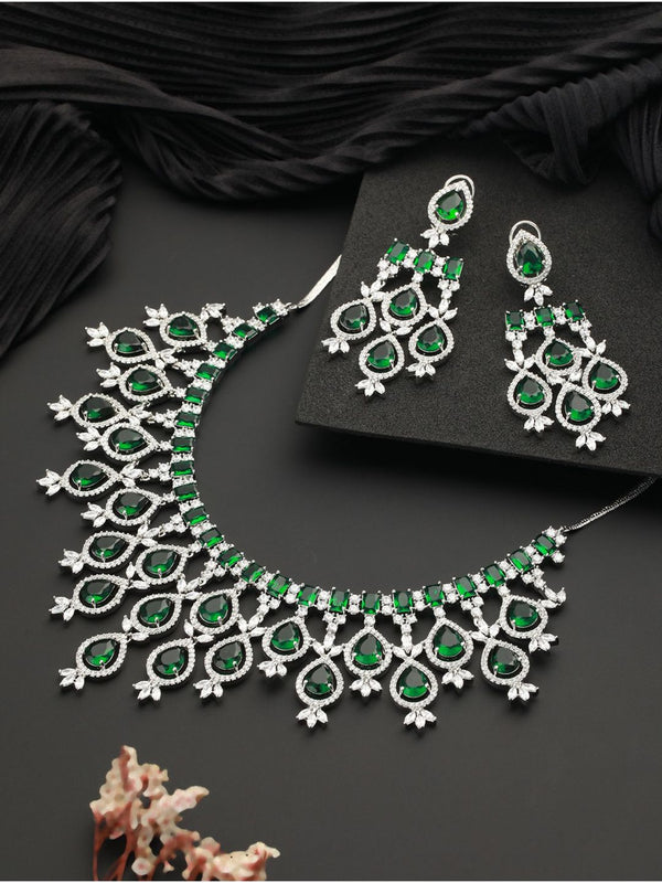 White Rhodium Silver Plated Green CZ Stone Studded Jewellery Set
