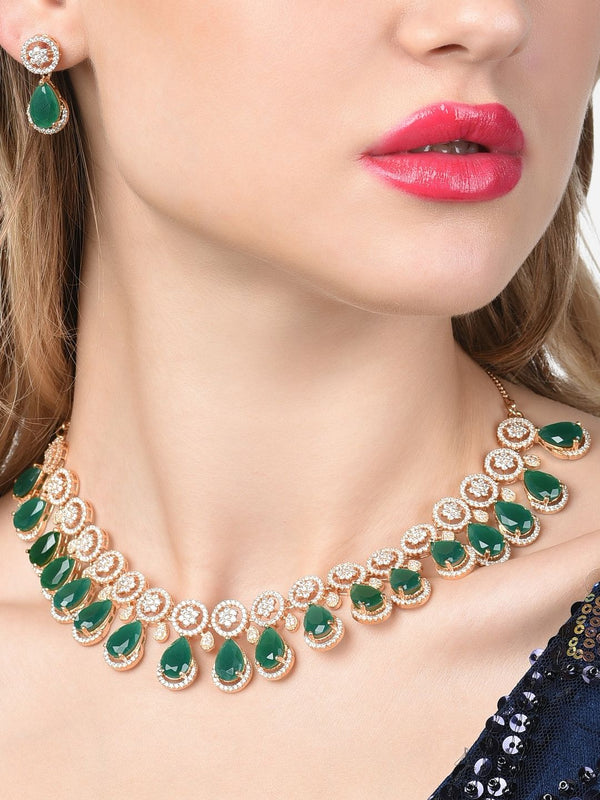 Green TearDrop & Cubic Zirconia Necklace & Earring Set