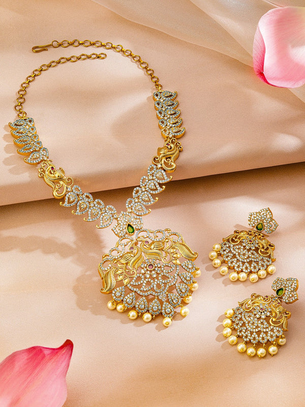 24K Gold Plated Ruby & Emerald Cubic Zirconia Studded Traditional Jewelry Set