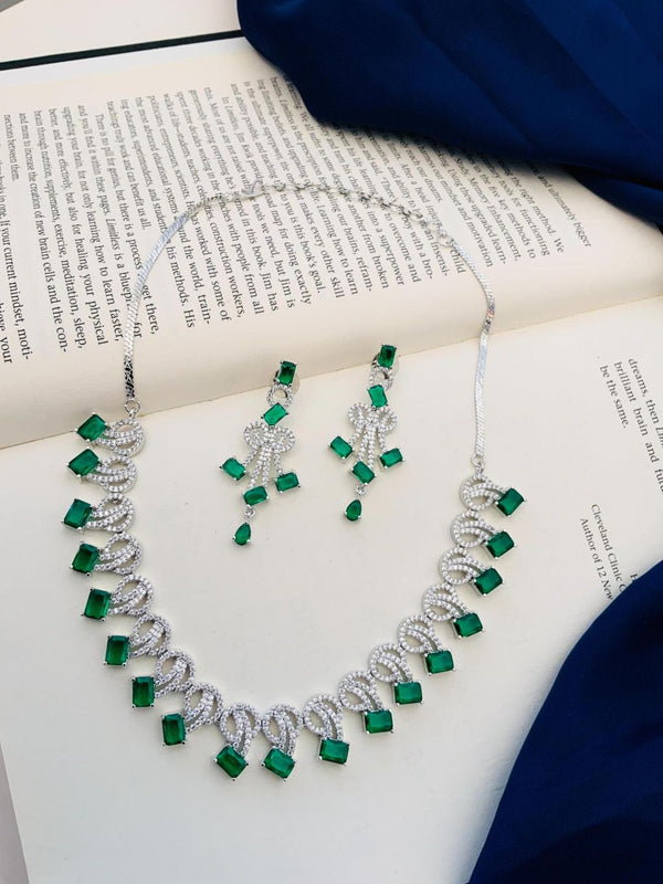 Sophisticated Silver Plated American Diamond Necklace Set - Green